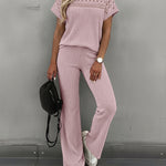 Women's 2 Piece Knit Set Lace Patchwork Short Sleeve Top and Wide Leg Pants Casual Ribbed Brushed Lounge Set