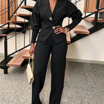 Women's 2 Piece Set V-Neck Cinched Waist Gigot Sleeve Top and High Waist Wide Leg Pants Elegant Set