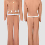 2 Pieces Outfit Contrast Paneled Single Breasted Flap Detail Crop Top and Elastic Waist Seam Front High Waist Pants Set Casual Commuting Set