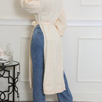Cable Textured High Neck Lantern Sleeve Bow Tie Waist Sweater Casual High Slit Knit Longline Top