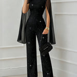 Glitter Mock Neck Sheer Chiffon Cloak Sleeve Overalls Casual Zipper Back Jumpsuit