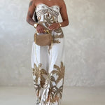 Palm Tree Print Bandeau Twist Front Backless Tie Back Overalls Casual Hollow-out Front Wide Leg Jumpsuit