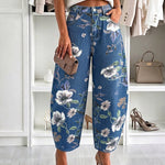 Women's Vintage Floral Printed Baggy Denim Pants Casual High Waisted Cropped Barrel Jeans