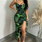 Women's Tropical Plants Cami Midi Dress Casual Rhinestone Mesh Vacation Dress Slit Ruffle Hem Sundress