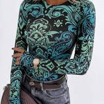 Women's Vintage Print Long Sleeve Top Slim Fit Crewneck Tee Retro Stretchy Base Layer Shirt with Thumb Holes