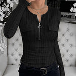 Long Sleeve Half Zip Flap Detail Ribbed Tee Slim Fit Brushed Top