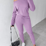 2 Pieces Outfit Long Sleeve Skew Neck Pullover Top and Drawstring Elastic Waist Slim Fit Pants Set