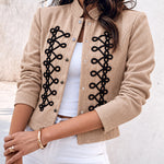 Women's Ethnic Braided Embroidered Faux Suede Stand Collar Snap Button Crop Jacket