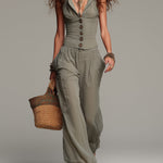 Retro Cotton And Linen Fitted Vest & Wide-leg Pants Set