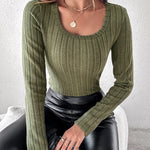 U-Neck Long Sleeve Ribbed Tops Fleece Lined Basic Layering Soft Thermal Tee (No Padding)