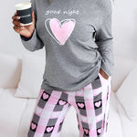 2 Pieces Outfit Good Night Slogan Print Long Sleeve Top and Plaid Print Elastic Waist Pants Set Casual Heart Print Pajamas Set