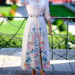 Floral Print V Neck Three Quarters Tied Detail Blouse Dress Casual A Line Slim Fit Maxi Dress