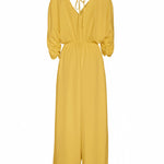 Deep V-Neck Ruched Three Quarters Sleeve Backless Overalls Casual Waist-Gathered Tied Detail Jumpsuit without Belt