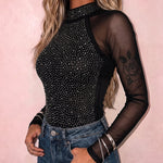 Women's Rhinestone Mesh Long Sleeve Top Mock Neck Sparkle Slim Fit Tee