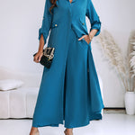 2 Pieces Outfit Turn-down Collar Turn-Up Sleeves Button Front Asymmetrical Hem Longline Blouse and Casual Elastic Waist Wide Leg Pants Set