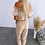 Frill Trim Off Shoulder Short Sleeve Tie Waist Overalls Casual Textured Jumpsuit