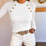 Women's Textured Long Sleeve Crew Neck Top Vintage Gold Button Blouse