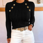 Women's Gold Button Crew Neck Textured Knit Long Sleeve Top