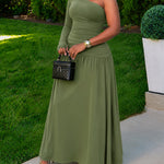Women's One Shoulder Long Sleeve Ruched Maxi Dress with Thumb Hole