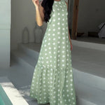 Women's Polka Dot Maxi Dress Casual Sleeveless Lace up Back Vacation Dress Elegant Ruffle Hem Loose A Line Long Sundress