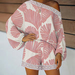 Women's Tropical Leaf Print 2 Piece Set Skew Neck Lantern Sleeve Top and Elastic Waist Shorts with Pockets & Lace