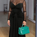 Rhinestone Decor Mock Neck Mesh Yoke Zipper Back Party Dress Cinched Waist Draped Mermaid Hem Maxi Evening Dress