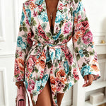 Women's Floral Print Blazer Casual Single Breasted Suit Coat Retro Oil Painting Floral Long Sleeve Coat with Belt