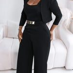 2 Pieces Outfit Metal Decor Square Neck Thick Strap Zipper Back Cinched Waist Wide Leg Jumpsuit and Casual Crop Cardigan Set