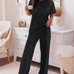 2 Pieces Outfit Round Neck Lace Spliced Short Sleeve Top and Elastic Waist Straight Leg Pants Set Casual Brushed Ribbed Pajamas Set