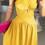 Halter Sleeveless Tied Detail Shirred Criss Cross Flared Dress Glamorous Evening Dress