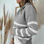 Women's Half Zip Striped Sweater Colorblock Turn-down Collar Knit Pullover Drop Shoulder Loose Fit Top