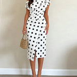 Polka Dot Print Skew Neck Ruched Mid-length Dress Elegant Wrapped Slit Dress
