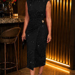 Women's Glitter Sleeveless Shoulder Pad Wrapped Slit Dress Twist Front Ruched Bodycon Evening Gown