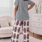 2 Pieces Outfit Floral Print Short Sleeve Top and Casual Plaid Heart Pattren Lounge Pants Set
