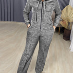 2 Pieces Outfit Long Sleeve Zip Up Drawstring Hoodie Coat and Casual Elastic Waist Seam Front Straight Leg Pants Set