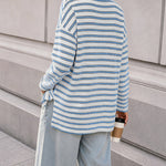 Women's Striped Textured Knit Long Sleeve T-Shirt Casual Side Slit Loose Fit Top