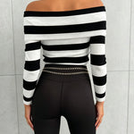Women's Foldover Off Shoulder Striped Pullover Long Sleeve Slim Fit Knit Top