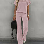 Women's 2 Piece Knit Set Lace Patchwork Short Sleeve Top and Wide Leg Pants Casual Ribbed Brushed Lounge Set