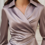 Three-Quarter Sleeves Buttoned Pleated Solid Color Lapel Blouses&Shirts Tops