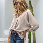 Nadorine V-Neck Long Sleeve Buckle T-Shirt Plain Shirts Shirt Top Elegant Shirts Casual Slim Fit Basic
