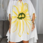 Half Sleeves Loose Buttoned Flower Print Lapel Mini Dresses Shirt Dress