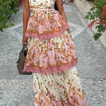 Margovil Spaghetti Strap Back Lace-up Ruffle Layered Floral Print Maxi Dress