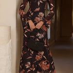 Round Neck Long Sleeves Floral Print Maxi Dress