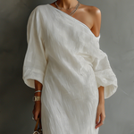 Women's Ivory White Cotton-Linen Blend One-Shoulder Flowing Elegant Dress