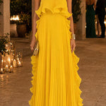 Margovil Strapless Tube Ruffle Pleated Swing Maxi Dress