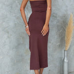 Strapless Tube Slit Ribbed Knit Midi Dress