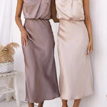 High Neck Sleeveless Waisted Satin Midi Dress