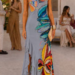 One Shoulder Sleeveless Floral Print Ruffle Hem Maxi Dress