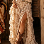 Bohemian floral ruffled tiered high-slit maxi dress(Belt not included)