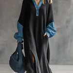 Fashionable Casual Black Knitted Denim Trim Maxi Dress